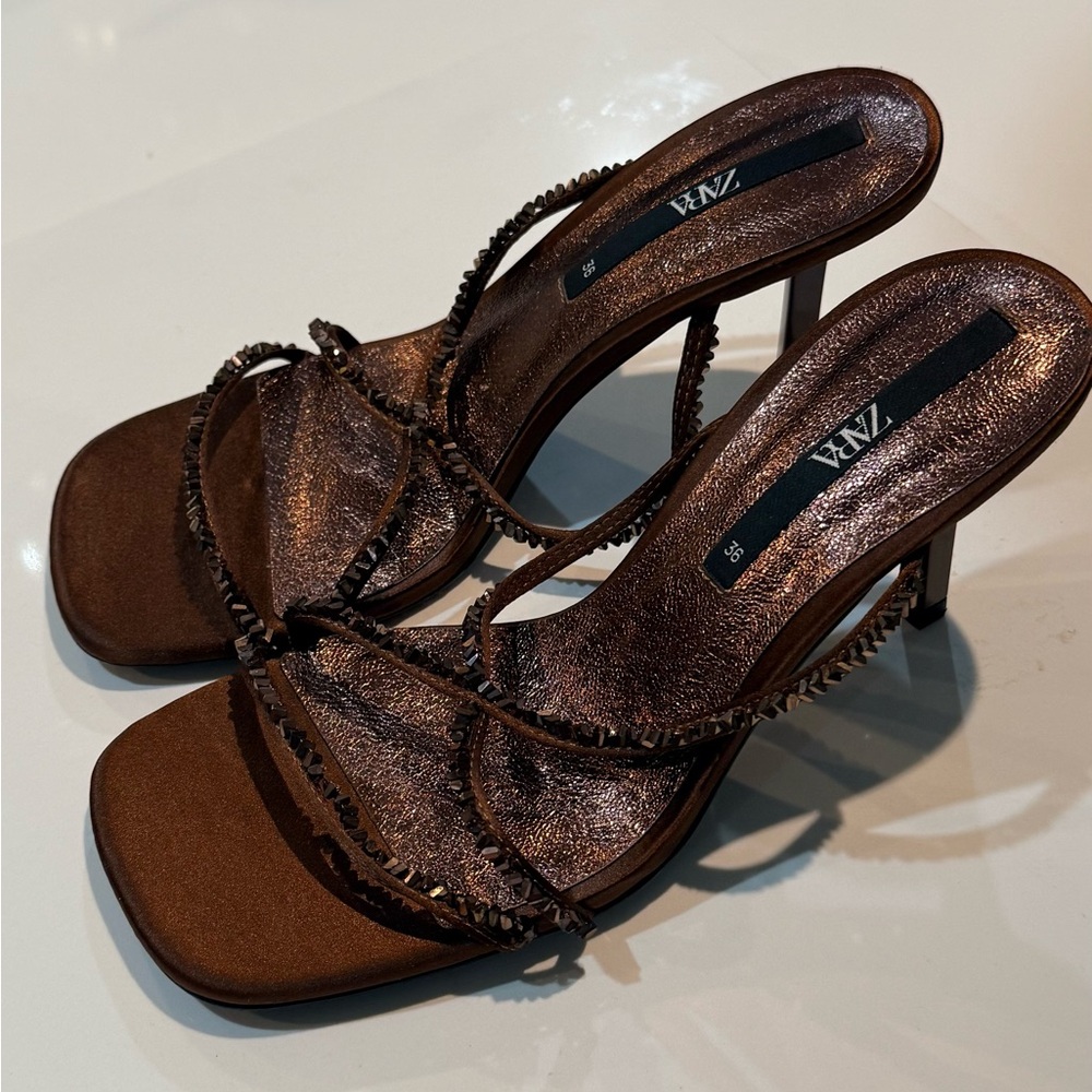 Zara Metallic Brown Strappy Heels